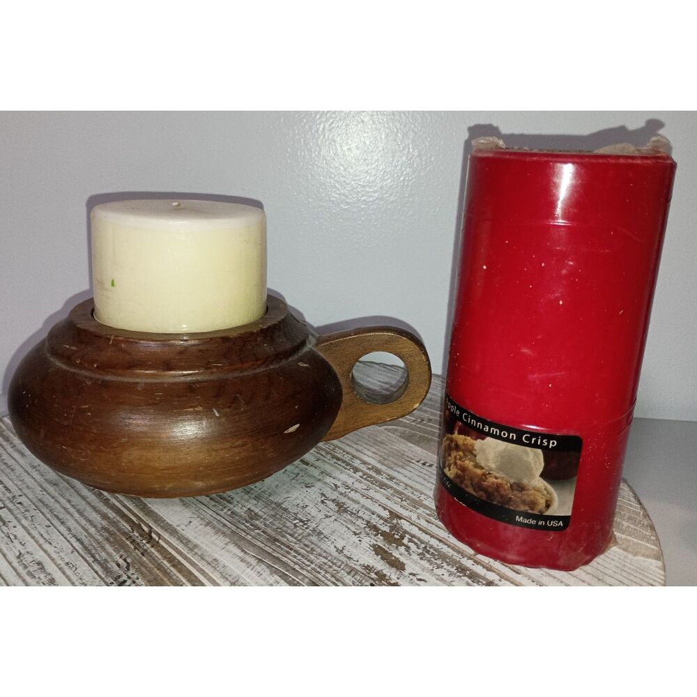 Vintage Wood Colonial Style Round Pillar Candle Holder with 2 Candles (1 Sealed)